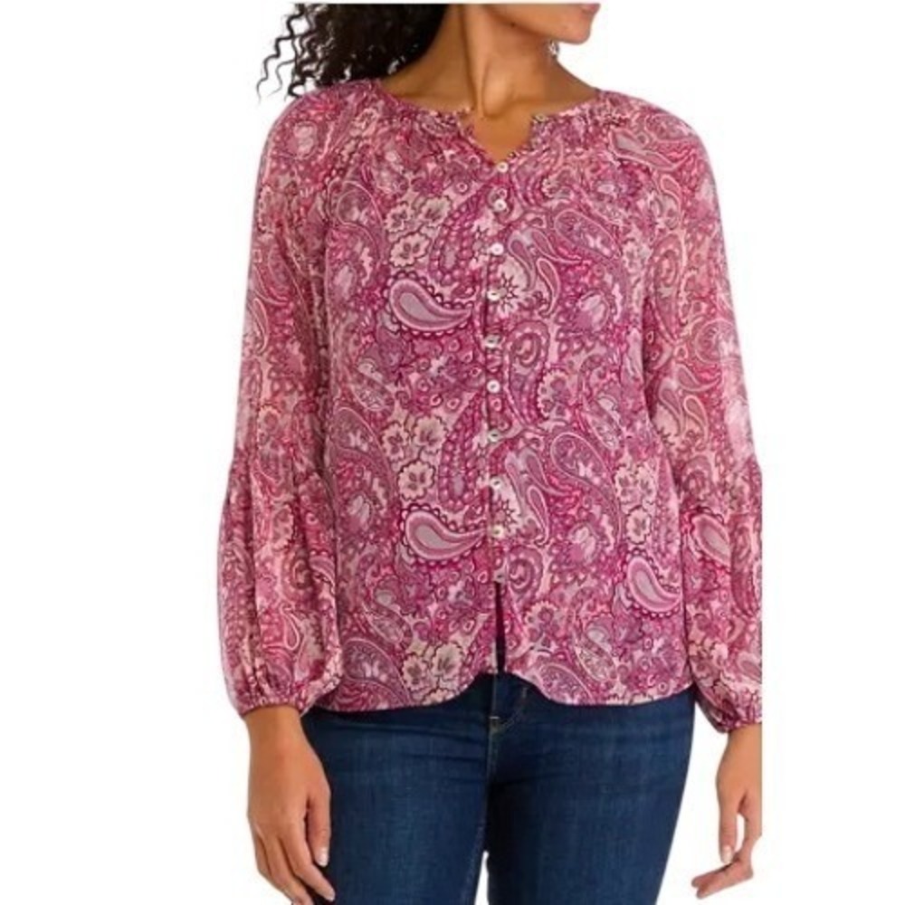 Fever Sheer Printed Blouse Womens Sz M Plum Purple Bohemian Flowy Summer Casual